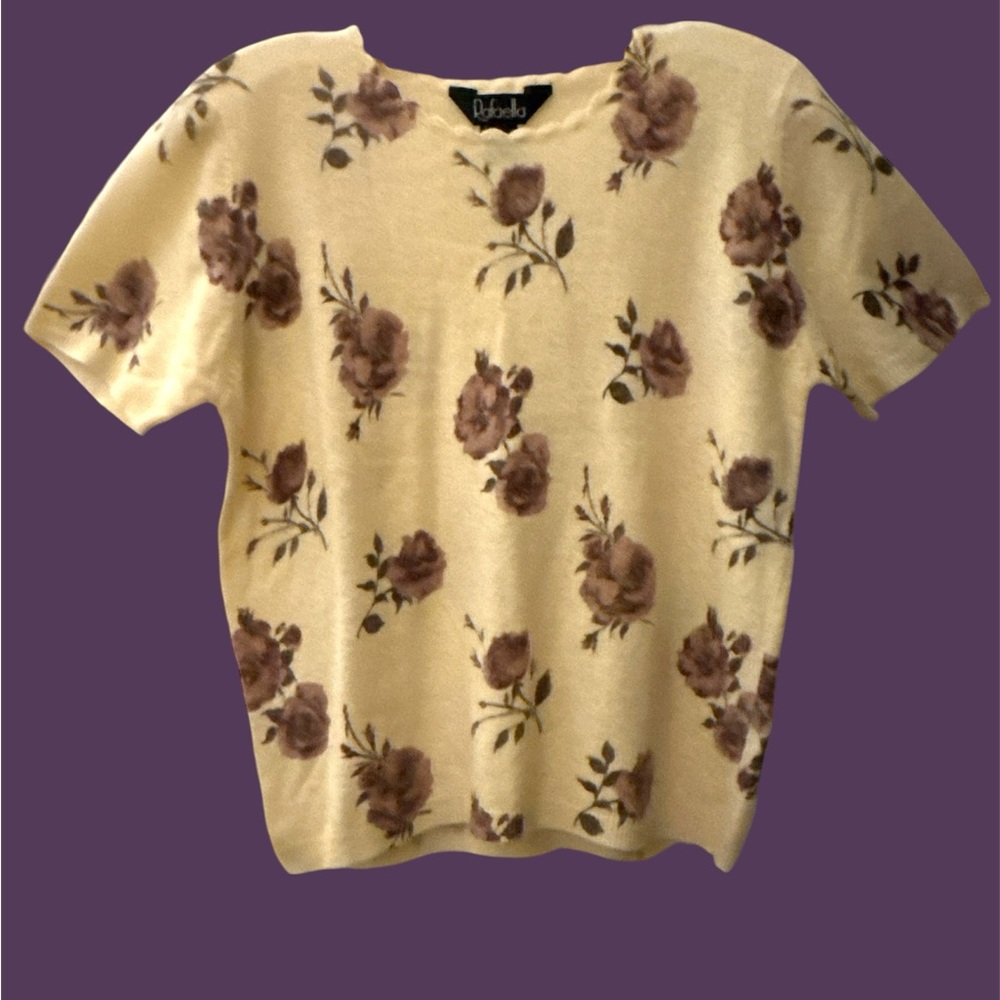 Vintage Angora Blend Cream and Purple Floral Short Sleeve Spring Sweater